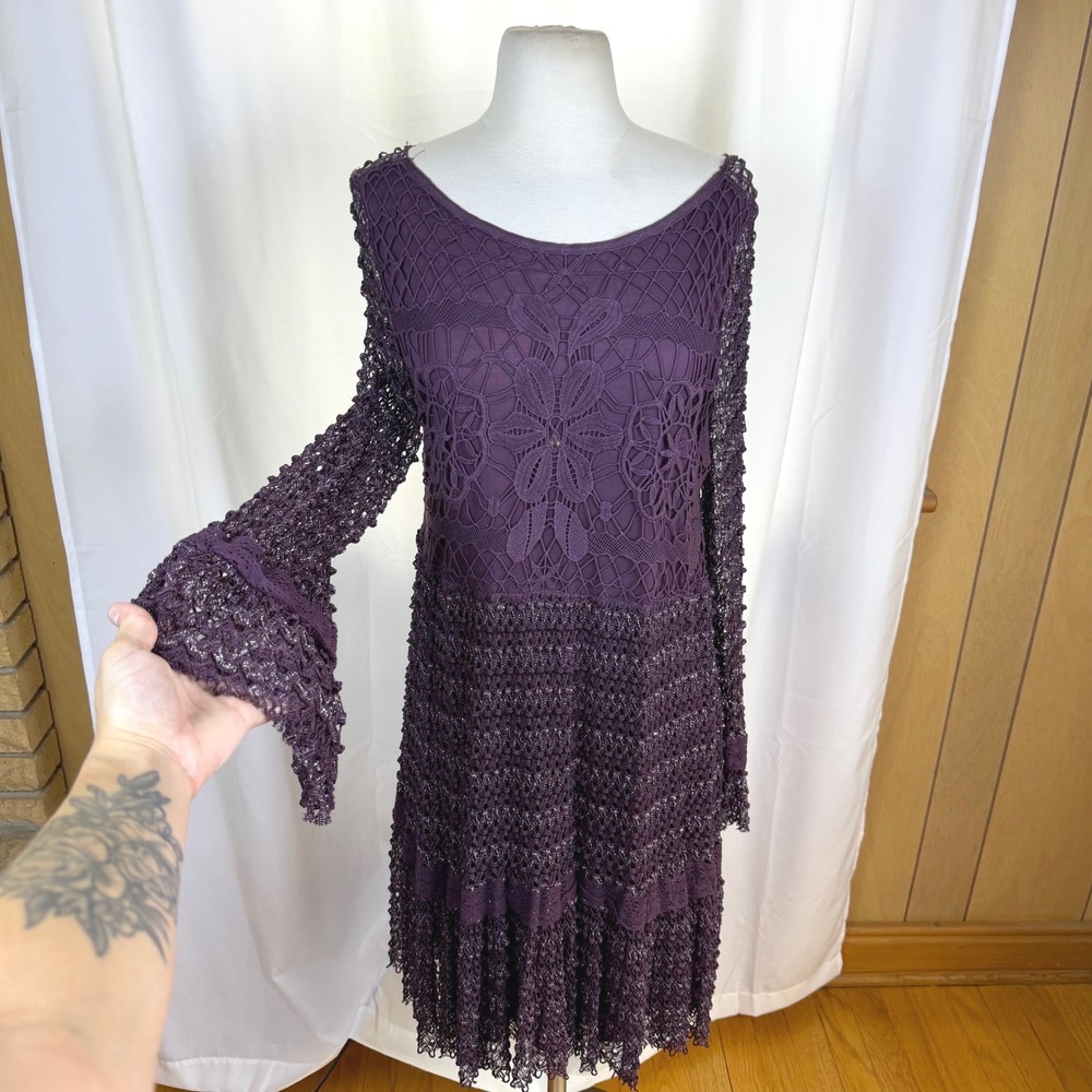 Free People Purple Eggplant Crochet Metallic Dress Sz Medium Boho Hippy Fairy